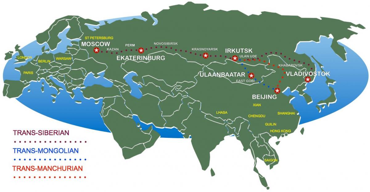 la carte de Moscou à vladivostok trajet de train
